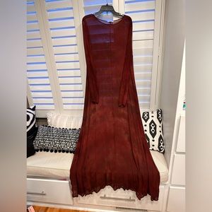 scoop neck semi sheer burgundy long sleeve long dress